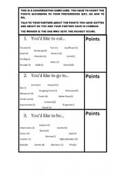 English Worksheet: CONVERSATION GAME CARD