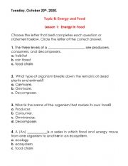 English Worksheet: Energy and Food