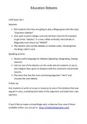 English Worksheet: Education debates with Bingo warmer