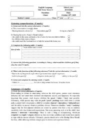 English Worksheet: mid-term test n1 for 3rd form
