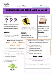 Halloween Homonyms Lesson - Which, Witch, or -wich? ESL Spelling and Writing Worksheet