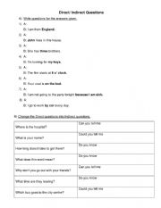 English Worksheet: direct/ indirect questions