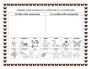 English Worksheet: Vertebrate and invertabrate animals classification
