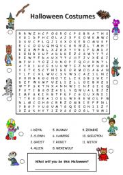 English Worksheet: Halloween costumes word search