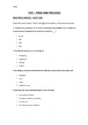 English Worksheet: Pride and Prejudice Test 