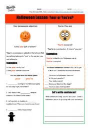 English Worksheet:  Halloween Homonyms Lesson - Your or Youre? ESL Spelling and Writing Worksheet