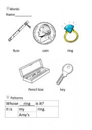 English Worksheet: vocabulary and pattern for kids- whose