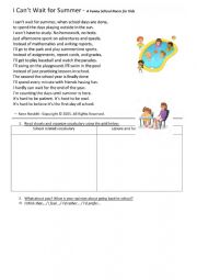 English Worksheet: Reading comprehension - I can�t wait for summer by K. Nesbitt