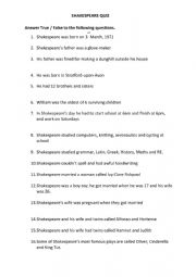 English Worksheet: Shakespeare quiz