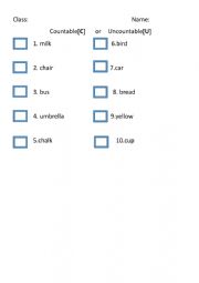 English Worksheet: countable or uncountable quiz