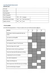 English Worksheet: Learning Needs Assessment