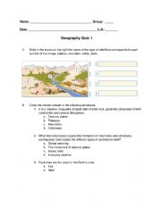 English Worksheet: Geography Quiz 1: Relief and tectonic plates
