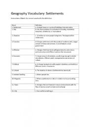 English Worksheet: Geography Vocabulary: Settlements 