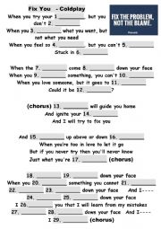 English Worksheet: Fix You - Coldplay - (Listening exericse + Key)