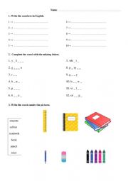 Numbers 1-10, colours and school supplies