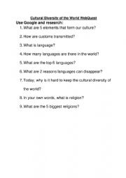 English Worksheet: Cultural Diversity of the World WebQuest