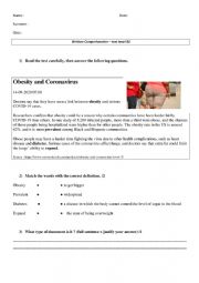 English Worksheet: Written comprehension covid and obesity