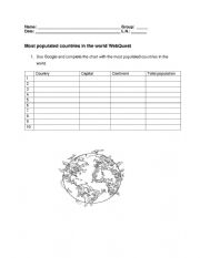 English Worksheet: Geography: Most populated countries in the world WebQuest