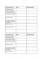 English Worksheet: Music - Find someone who 
