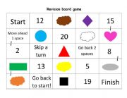 English Worksheet: Revision game shapes/colours/numbers