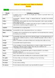 English Worksheet:  Unit one�s remedial work (Ethics in Business)