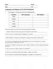 English Worksheet: Languages and Religions of the World WebQuest