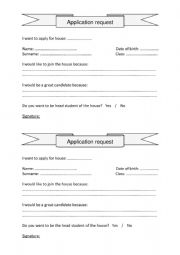English Worksheet: Application form to join a house in school