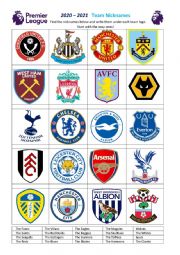 English Premier League, team nicknames - ESL worksheet by Renda