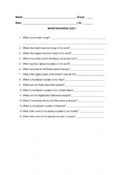 English Worksheet: Geography: Mountain Range Quiz 1