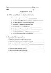 English Worksheet: Geography: Mountain Range Quiz 2