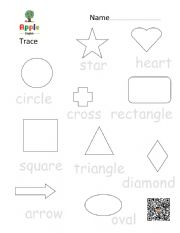 shapes worksheet, listen and trace, colour in, trace, write writing practice