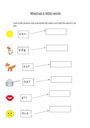 3 word unscramble worksheet