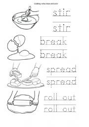 English Worksheet: Cooking verbs trace and color