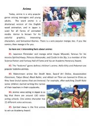 English Worksheet: Anime Reading & Matching Activity