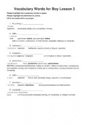 English Worksheet: Boy by Roald Dahl Vocabulary lesson 1 