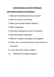 English Worksheet: Geography: Cultural Diversity of the World WebQuest