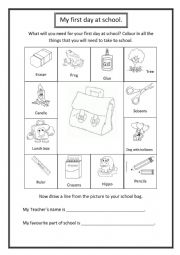 English Worksheet: What you need for the first day of school