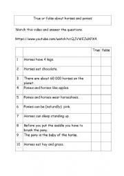 English Worksheet: Horses and ponies : true or false