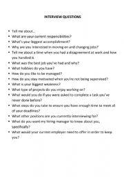 English Worksheet: JOB INTERVIEW QUESTIONS
