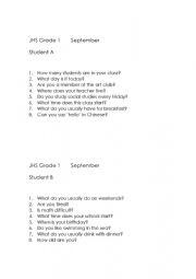 English Worksheet: Junior High School G1 warm-up interview, September