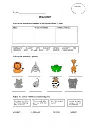 English Worksheet: ANIMALS TEST