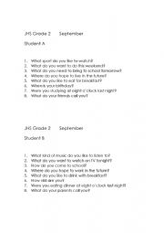 English Worksheet: JHS Grade 2 warm-up interview September