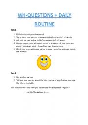 English Worksheet: WH-QUESTIONS + DAILY ROUTINE
