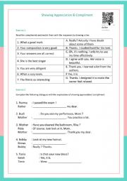 English Worksheet: Showing Appreciation - Compliment