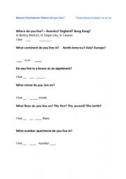English Worksheet: Where do you live 