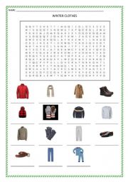 English Worksheet: WINTER CLOTHES WORDSEARCH