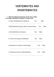 English Worksheet: Vertebrates and invertebrates