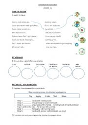 English worksheet: COVID 19 - CORONAVIRUS SYMTOMS AND PREVENTION