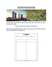 English Worksheet: City Life vs Country Life T-Chart Activity