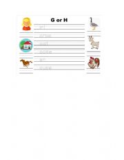 Letters g and h tracing and vocabulary matching